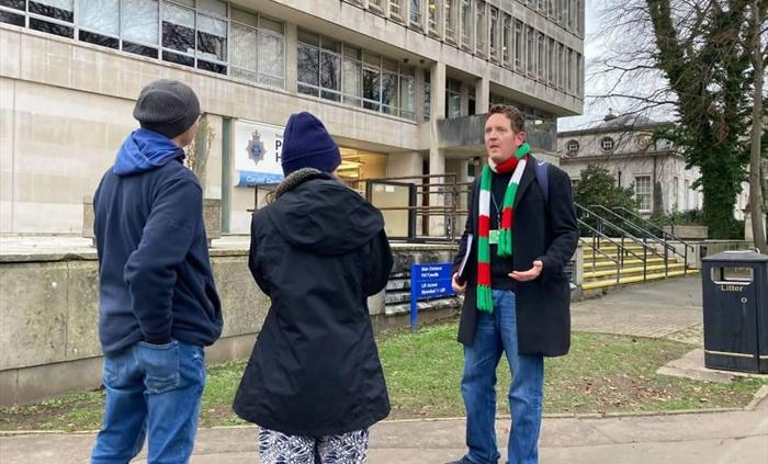 Doctor Who filming locations walking tour in Cardiff outside Cardiff police station in Cathays Park.